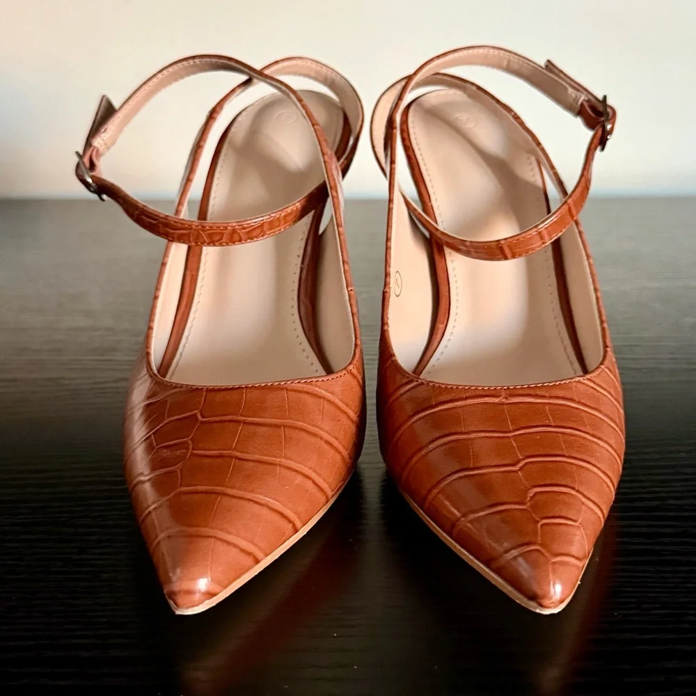 Brown Croc-Embossed Ankle-Strap Pointed Toe Pumps - Picture 2 of 11